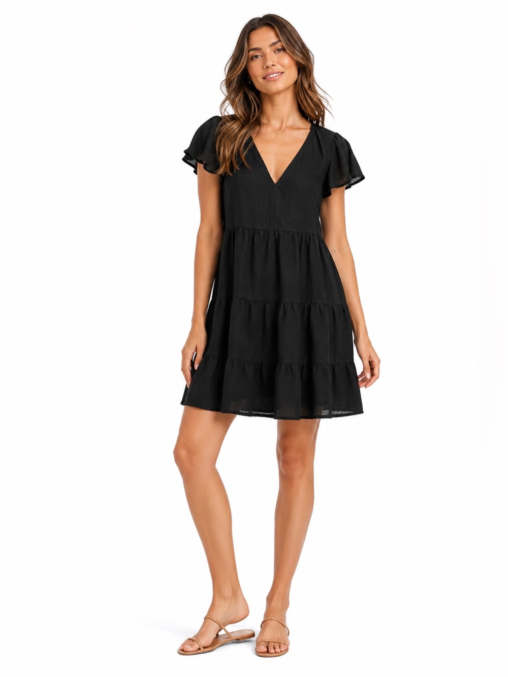 Universal Thread Black Linen Blend Tiered Mini Dress Small Flutter Sleeve Beach